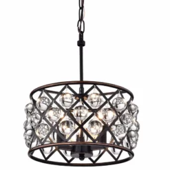 Edvivi Lighting Azha 3-Light Oil Rubbed Bronze Drum Pendant Chandelier With Crystal Spheres Glam