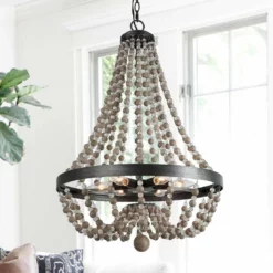 LNC Lighting LNC 6-light Farmhouse Black Brushed Wood Beaded Candle Chandelier -Ceiling Lighting Shop 0d6128bd03230827 9960 w800 h800 b0 p0