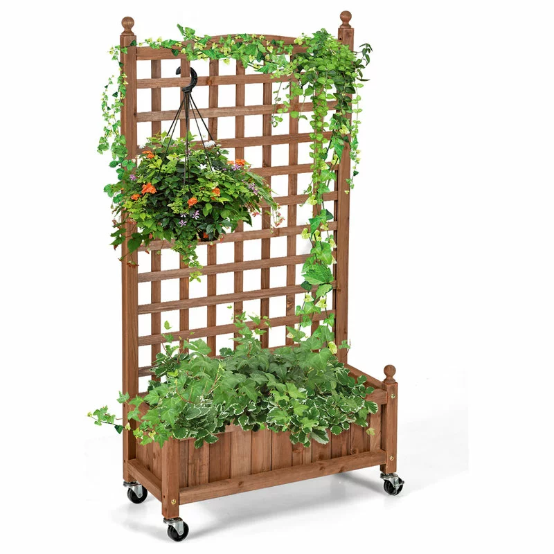 Costway 50in Wood Planter Box W/Trellis Mobile Raised Bed For Climbing Plant 1 Costway 50in Wood Planter Box W/Trellis Mobile Raised Bed For Climbing Plant