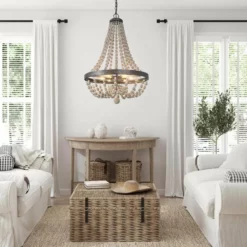 LNC Lighting LNC 6-light Farmhouse Black Brushed Wood Beaded Candle Chandelier -Ceiling Lighting Shop 1b411d000323082b 9960 w800 h800 b0 p0