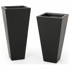 GDFStudio Ephraim Outdoor Medium And Small Cast Stone Planter Set, Matte Black