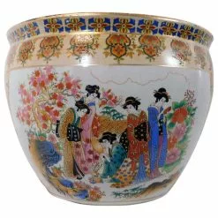 Oriental Furnishings Chinese Porcelain Fish Bowl Planter, Satsuma Geishas, 14"