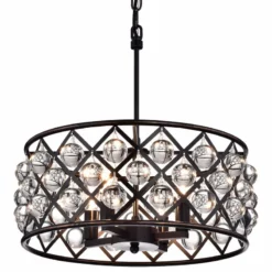 Edvivi Lighting Azha 4-Light Oil Rubbed Bronze Drum Pendant Chandelier With Crystal Spheres Glam