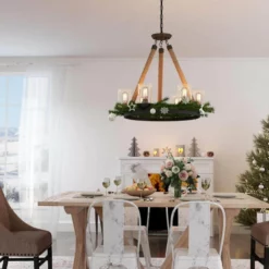 LNC Lighting LNC 6-Light Farmhouse Wagon Wheel Wood And Glass Shade Chandelier, A02992 -Ceiling Lighting Shop 3861384e03219733 9943 w800 h800 b0 p0