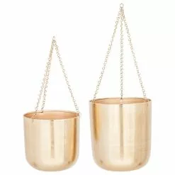 CosmoLiving By Cosmopolitan Large, Round Metallic Gold Metal Hanging Indoor & Outdoor Planters, Set Of 2