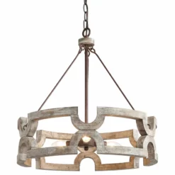 LALUZ 3-Light Farmhouse Drum Distressed Wood Chandelier,Bronze