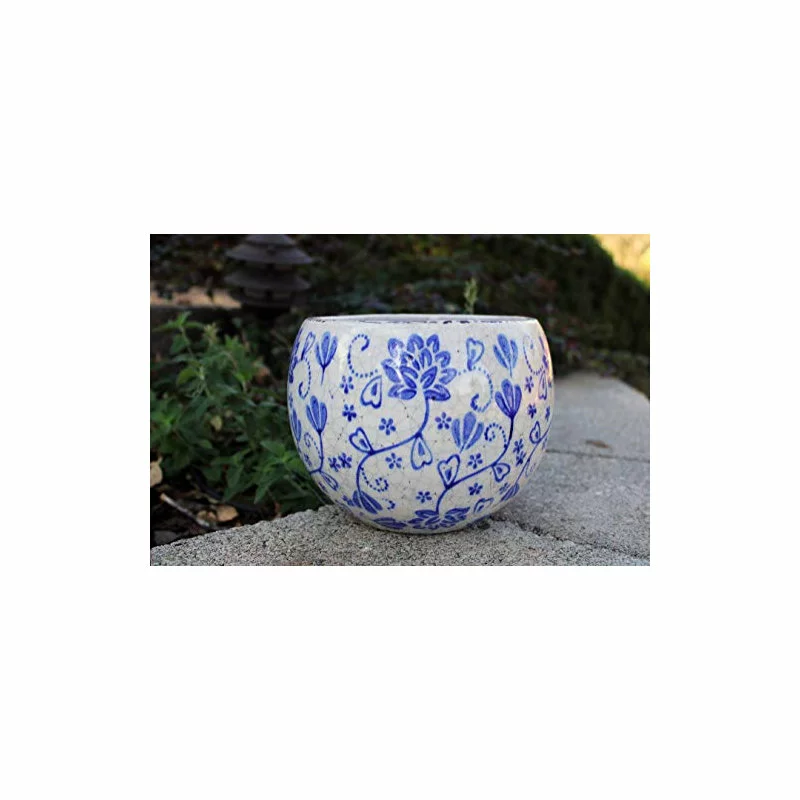 U.S. Sourcing Inc./Goodman And Wife Old World Hand-Pressed Blue And White Floral Pattern Ceramic Round Garden Pot, F 4 U.S. Sourcing Inc./Goodman And Wife Old World Hand-Pressed Blue And White Floral Pattern Ceramic Round Garden Pot, F - Image 4
