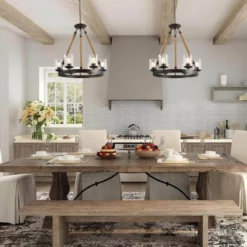 LNC Lighting LNC 6-Light Farmhouse Wagon Wheel Wood And Glass Shade Chandelier, A02992 -Ceiling Lighting Shop 52518a0003219731 9943 w800 h800 b0 p0