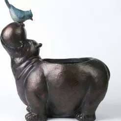 LuxenHome Brown Hippo And Blue Bird MgO Flower Pot Planter