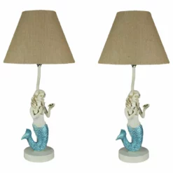 Zeckos Set Of 2 Blue Glitter Tail Mermaid Table Lamps Coastal Beach Decor Burlap Shade
