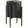 UPshining Ceramic Pot Mid Century Planter 13" Black +Round Plant Stand Set Dark Walnut