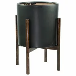 UPshining Ceramic Pot Mid Century Planter 13" Black +Round Plant Stand Set Dark Walnut