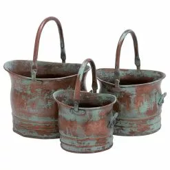 Benzara, Woodland Imprts, The Urban Port Green Tinged Metal Bucket Planter With Handles, 3-Piece Set
