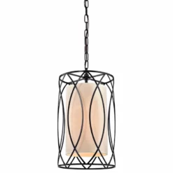 Edvivi Lighting Merga 1-Light Oil Rubbed Bronze Wrought Iron Cream Drum Shade Pendant