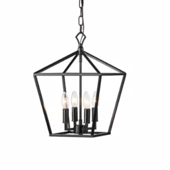 Edvivi Lighting 4-Light Matte Black Lantern Pendant Chandelier 16" With Nickle Or Black Sleeve