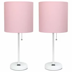 Limelights White Stick Lamp With Charging Outlet And Fabric Shade Two Pack Set