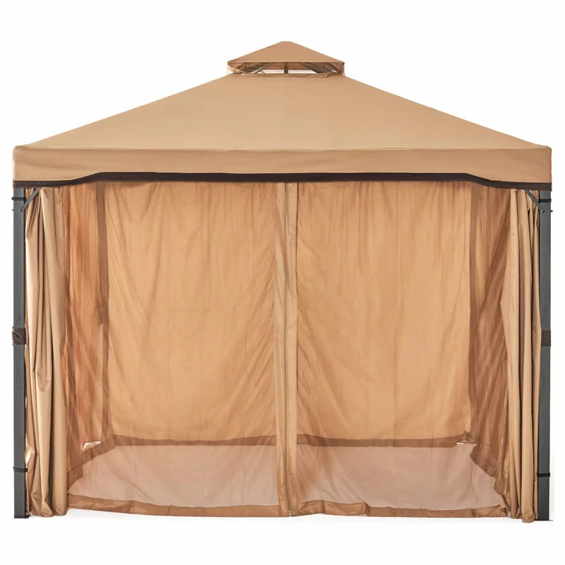GDFStudio GDF Studio Sonoma Outdoor Gazebo Canopy With Net Drapery, Light Brown 6 GDFStudio GDF Studio Sonoma Outdoor Gazebo Canopy With Net Drapery, Light Brown - Image 6