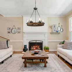 LNC Lighting LNC 6-Light Farmhouse Wagon Wheel Wood And Seeded Glass Shade Chandelier -Ceiling Lighting Shop 68e1f105034d27c0 9929 w800 h800 b0 p0