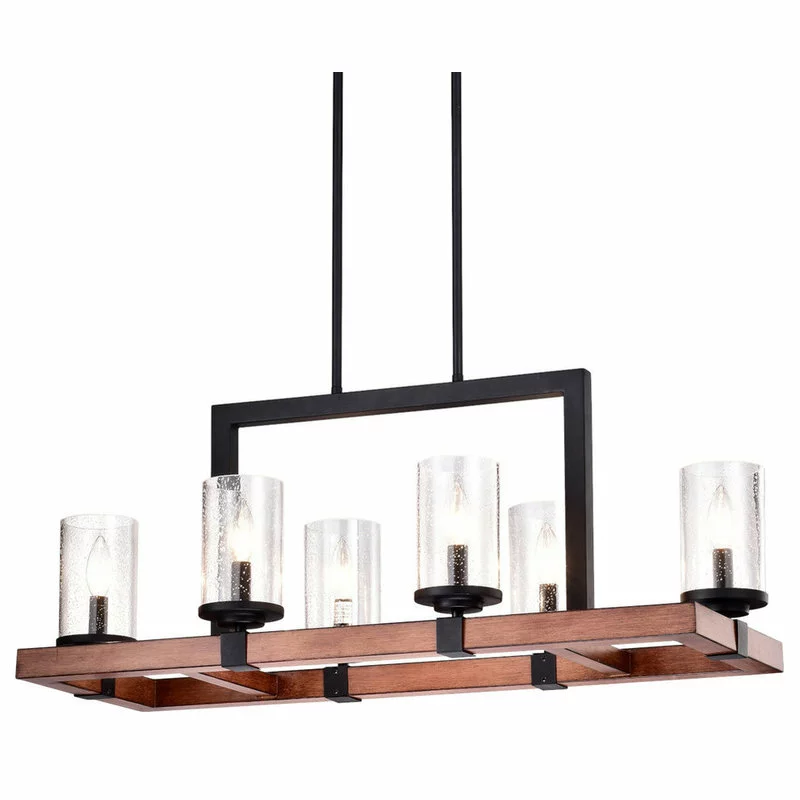 Edvivi Lighting 6-Light Black And Wood Rectangular Linear Chandelier With Seeded Glass 1 Edvivi Lighting 6-Light Black And Wood Rectangular Linear Chandelier With Seeded Glass