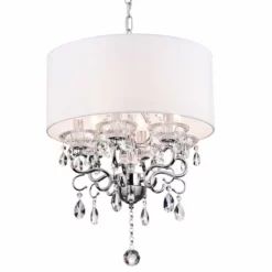 Edvivi Lighting 6-Light White Fabric Round Drum Chrome Finish Crystal Chandelier