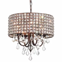 Edvivi Lighting 4-Light Antique Copper Square Beaded Round Drum Shade Chandelier With Crystals