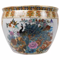 Oriental Furnishings Chinese Porcelain Fish Bowl Planter, Satsuma Peacocks, 12"