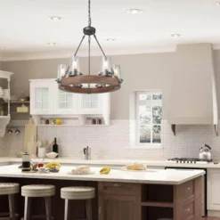 LNC Lighting LNC 6-Light Farmhouse Wagon Wheel Wood And Seeded Glass Shade Chandelier -Ceiling Lighting Shop 81011acb034d27c1 9929 w800 h800 b0 p0