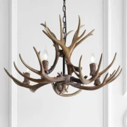 JONATHAN Y Eldora 30" Adjustable Resin Antler 5-Light Led Chandelier, Brown
