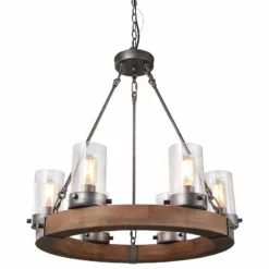 LNC Lighting LNC 6-Light Farmhouse Wagon Wheel Wood And Seeded Glass Shade Chandelier