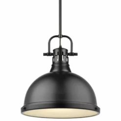 Golden Lighting Duncan 1 Light Pendant, Rod, Black, Matte Black Shade