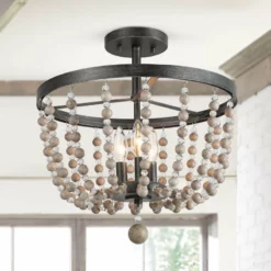 LNC Lighting LNC 3-light Flush Mounts Ceiling Lights Distressed Wood Beads Black Finish Retro
