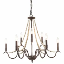 LALUZ Farmhouse 9-Light Wood Beaded Chandelier Candle Empire Chandeliers