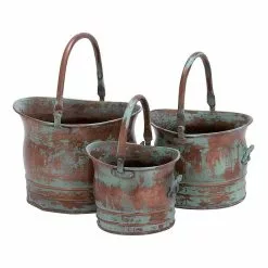 Benzara, Woodland Imprts, The Urban Port Green Tinged Metal Bucket Planter With Handles With Set Of 3
