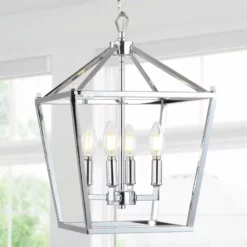 JONATHAN Y Pagoda 4-Bulb Lantern Metal LED Pendant, Chrome, 12"