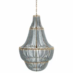 CREATIVE CO-OP Metal Chandelier With Wood Beads, Blue And Gray