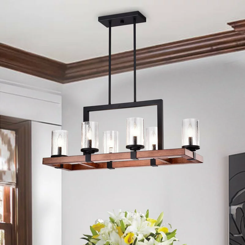 Edvivi Lighting 6-Light Black And Wood Rectangular Linear Chandelier With Seeded Glass 2 Edvivi Lighting 6-Light Black And Wood Rectangular Linear Chandelier With Seeded Glass - Image 2