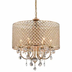 Edvivi Lighting 6-Light Gold Round Beaded Drum Chandelier With Hanging Crystals
