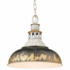 Golden Lighting Kinsley Large Pendant, Aged Galvanized Steel With Antique Black Iron Shade