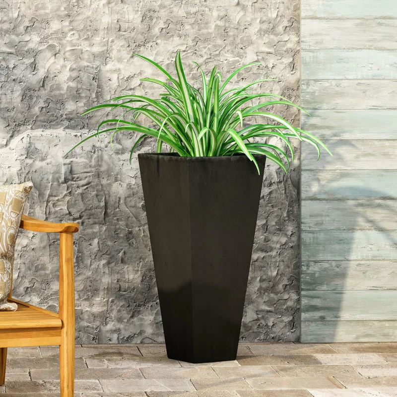 GDFStudio Ephraim Outdoor Cast Stone Planter, Matte Black, Medium 2 GDFStudio Ephraim Outdoor Cast Stone Planter, Matte Black, Medium - Image 2