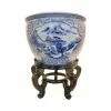 Oriental Furnishings Blue And White Asian Porcelain Garden Pot Painted Landscape, 18"