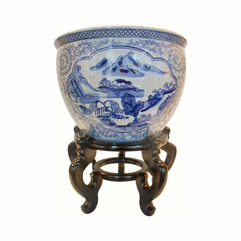 Oriental Furnishings Blue And White Asian Porcelain Garden Pot Painted Landscape, 18" 1 Oriental Furnishings Blue And White Asian Porcelain Garden Pot Painted Landscape, 18"