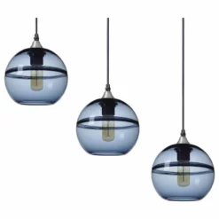 Casamotion Unique Optic Hand Blown Glass Pendant Lights, Brushed Nickel, Set Of 3, Blue