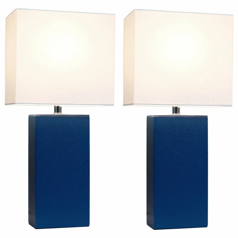 Elegant Designs Set Of 2 Modern Leather Table Lamps, White Fabric Shades, Blue 2 Elegant Designs Set Of 2 Modern Leather Table Lamps, White Fabric Shades, Blue - Image 2