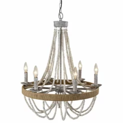 FLINT GARDEN INC 23.6 In Farmhouse 6-Light Wooden Beaded Candle Chandelier