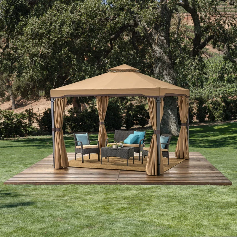 GDFStudio GDF Studio Sonoma Outdoor Gazebo Canopy With Net Drapery, Light Brown 2 GDFStudio GDF Studio Sonoma Outdoor Gazebo Canopy With Net Drapery, Light Brown - Image 2