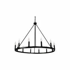 Canyon Home 12-Light Chandelier Wagon Wheel, 37” Wide, Matte Black Steel