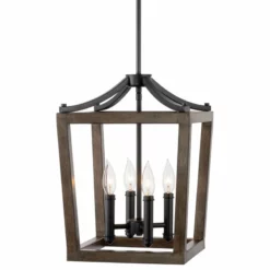 Kira Home Hollis 17" Farmhouse Foyer Lantern Pendant Light, Wood Style Metal