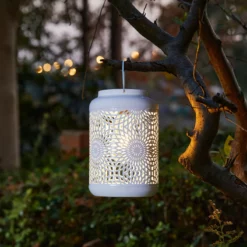 Glitzhome 8.75"H White Metal Cutout Solar Powered Lantern -Ceiling Lighting Shop ec31577902246275 3457 w800 h800 b0 p0