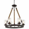 LNC Lighting LNC 6-Light Farmhouse Wagon Wheel Wood And Glass Shade Chandelier, A02992