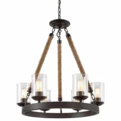 LNC Lighting LNC 6-Light Farmhouse Wagon Wheel Wood And Glass Shade Chandelier, A02992